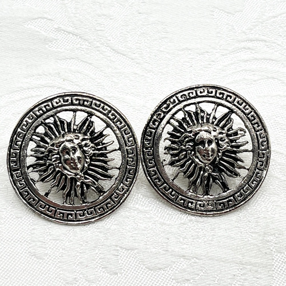 Vintage Chunky 1.75" Big Silver Tone Medusa Head Greek Key Clip-On Earrings